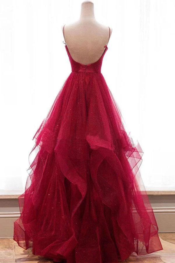 Red Spaghetti Straps V Neck Asymmetrical Prom Dress, Backless Sparkly Long Formal Dress WLD2613