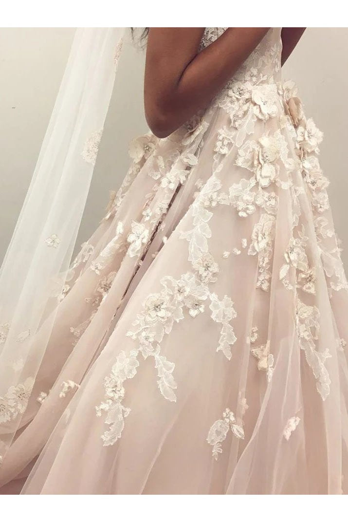 Spaghetti Straps Sweetheart Backless Puffy Tulle Wedding Dress with Appliques WLD2489