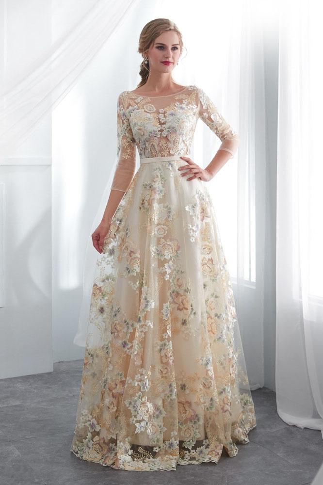 A Line Floor Length Floral Prom Dresses 3/4 Sleeves A-line Empire Waist Long Evening Gowns WLD2277