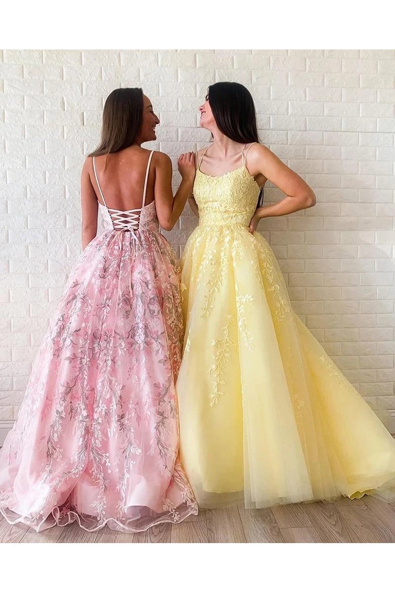 Modest Tulle A-line Appliques Spaghetti Straps Floor Length Lace Prom Dress WLD2611