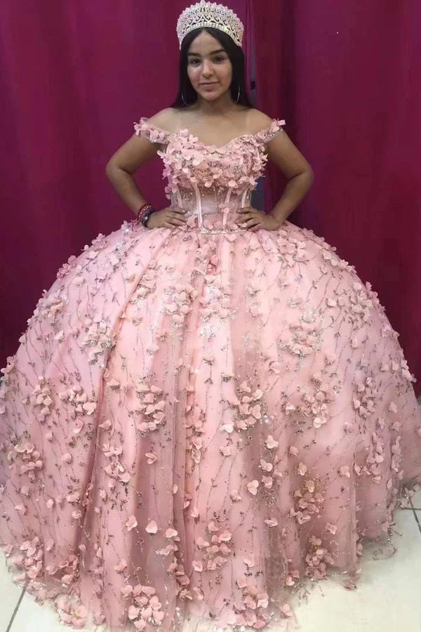Gorgeous Ball Gown Light Pink 3D Flowers Prom Dresses, Off the Shoulder Quinceanera Dresses WLD0175