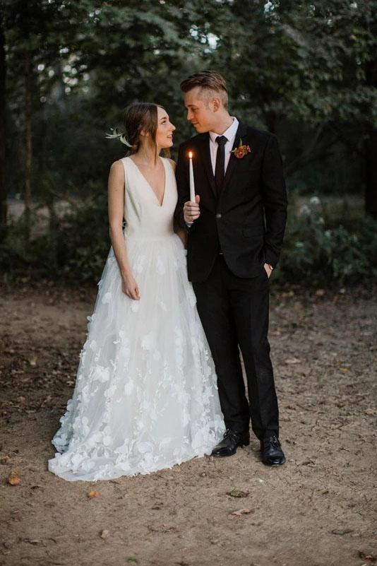 A Line V Neck Floor Length Wedding Dresses, Ivory Sleeveless Bridal Dresses WLD2357