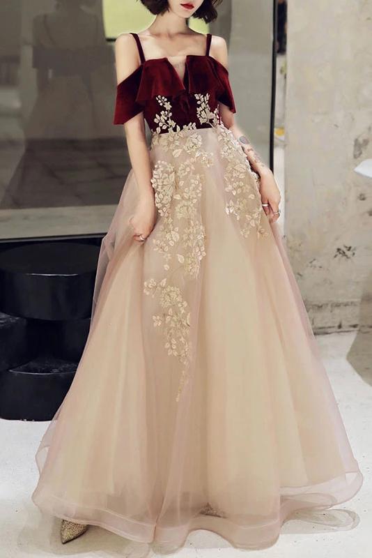 A Line Straps Tulle Prom Dress with Appliques, Floor Length Short Sleeves Party Dresses WLD2448