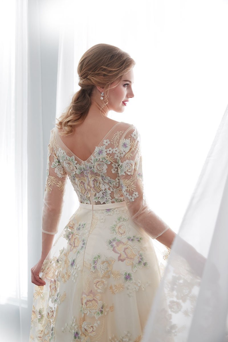 A Line Floor Length Floral Prom Dresses 3/4 Sleeves A-line Empire Waist Long Evening Gowns WLD2277