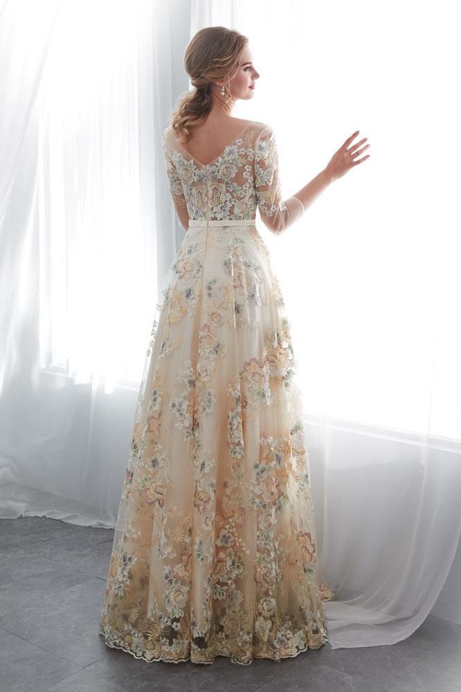 A Line Floor Length Floral Prom Dresses 3/4 Sleeves A-line Empire Waist Long Evening Gowns WLD2277