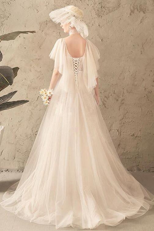 Unique Tulle Lace Long Wedding Dress, Ivory Short Sleeves Lace Up Back Bridal Dresses WLD2585