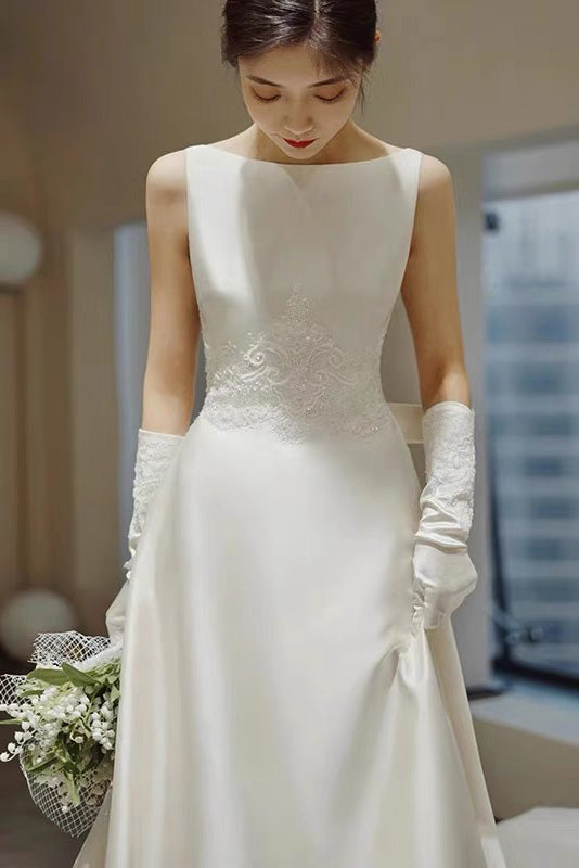Simple A Line Satin Wedding Dress With Bowknot, Long Bridal Gown WLD0176