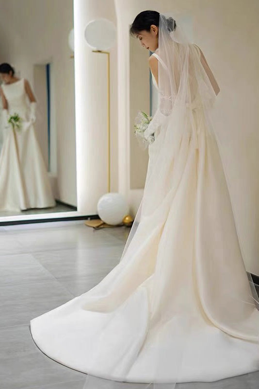 Simple A Line Satin Wedding Dress With Bowknot, Long Bridal Gown WLD0176
