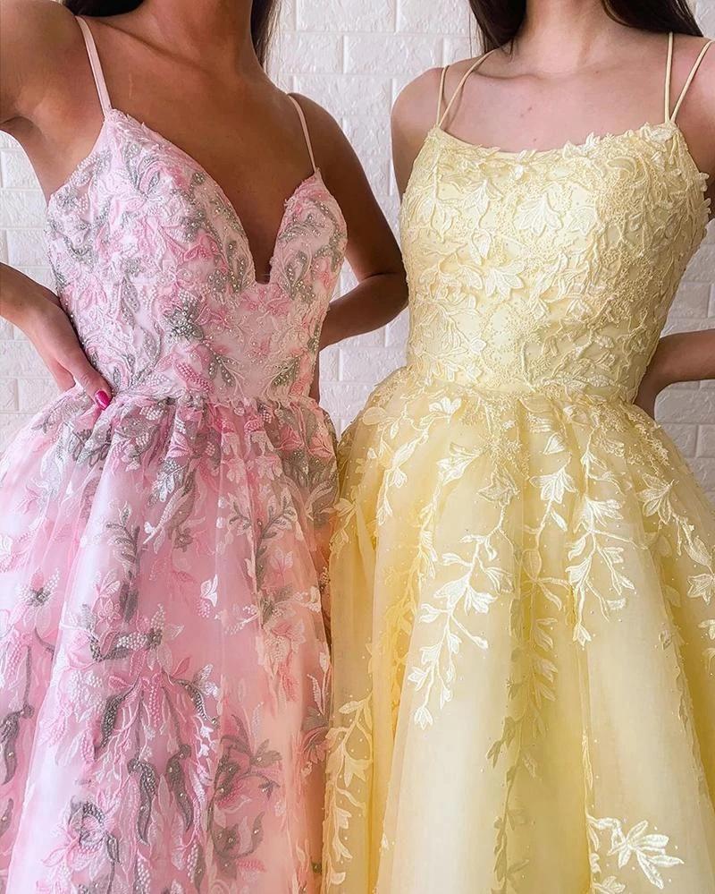 Modest Tulle A-line Appliques Spaghetti Straps Floor Length Lace Prom Dress WLD2611