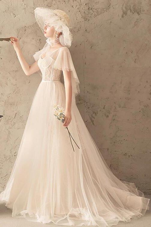 Unique Tulle Lace Long Wedding Dress, Ivory Short Sleeves Lace Up Back Bridal Dresses WLD2585