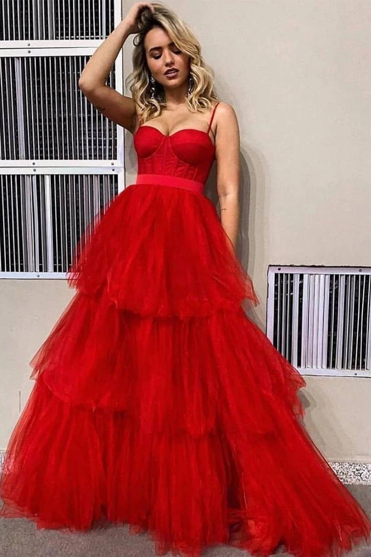 Spaghetti Straps Floor Length Red Layers Tulle Prom Dresses, A Line Long Evening Dress N2609