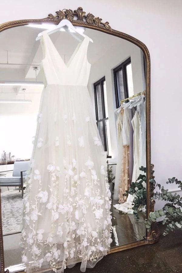 A Line V Neck Floor Length Wedding Dresses, Ivory Sleeveless Bridal Dresses WLD2357