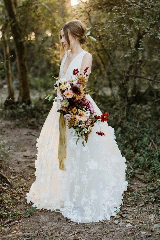 A Line V Neck Floor Length Wedding Dresses, Ivory Sleeveless Bridal Dresses WLD2357
