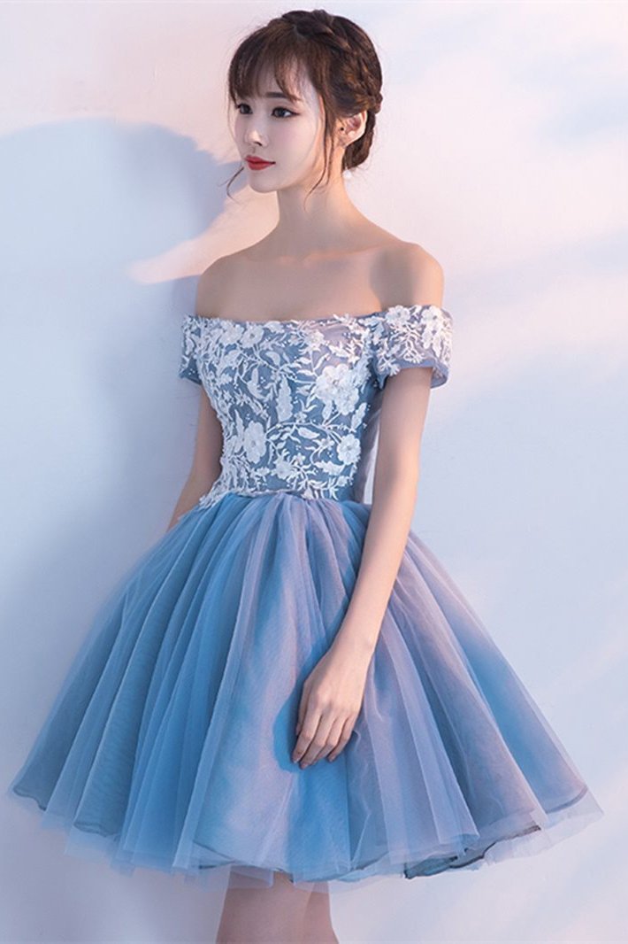 A Line Off The Shoulder Applique Short Homecoming Dress, Puffy Cocktail Dresses WLD234