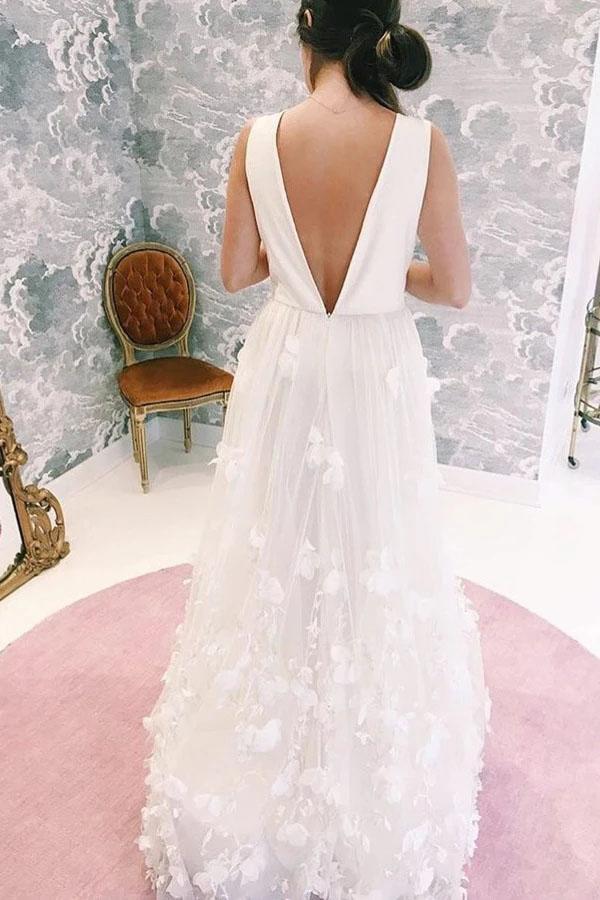A Line V Neck Floor Length Wedding Dresses, Ivory Sleeveless Bridal Dresses WLD2357