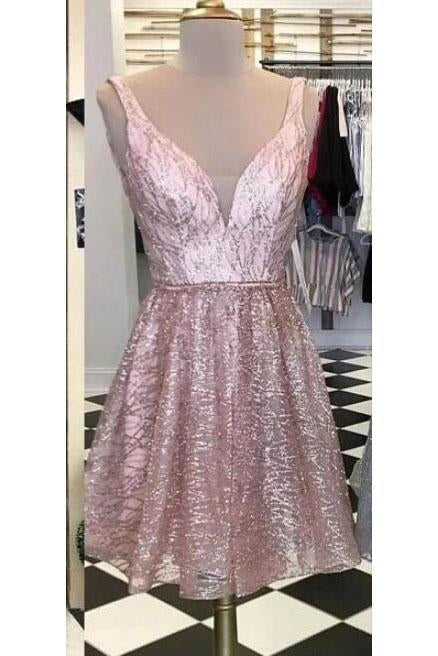 A Line Short V Neck Sleeveless Homecoming Dress, Unique Shiny Short Prom Dress WLD2200