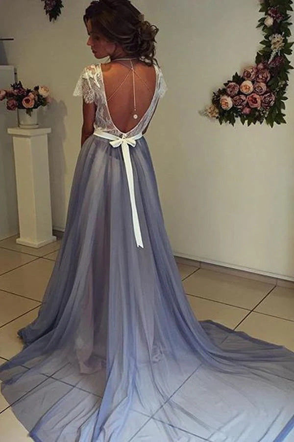 Backless Cap Sleeves Chiffon Prom Dress with Lace WLD0250