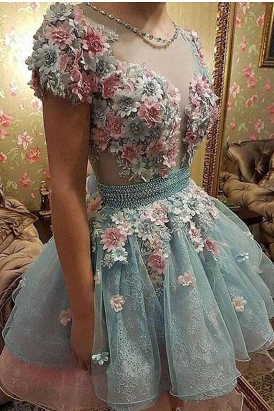 A Line Short Sleeves Homecoming Dresses, Princess Sheer Neck Prom Dress With Flowers WLD1861