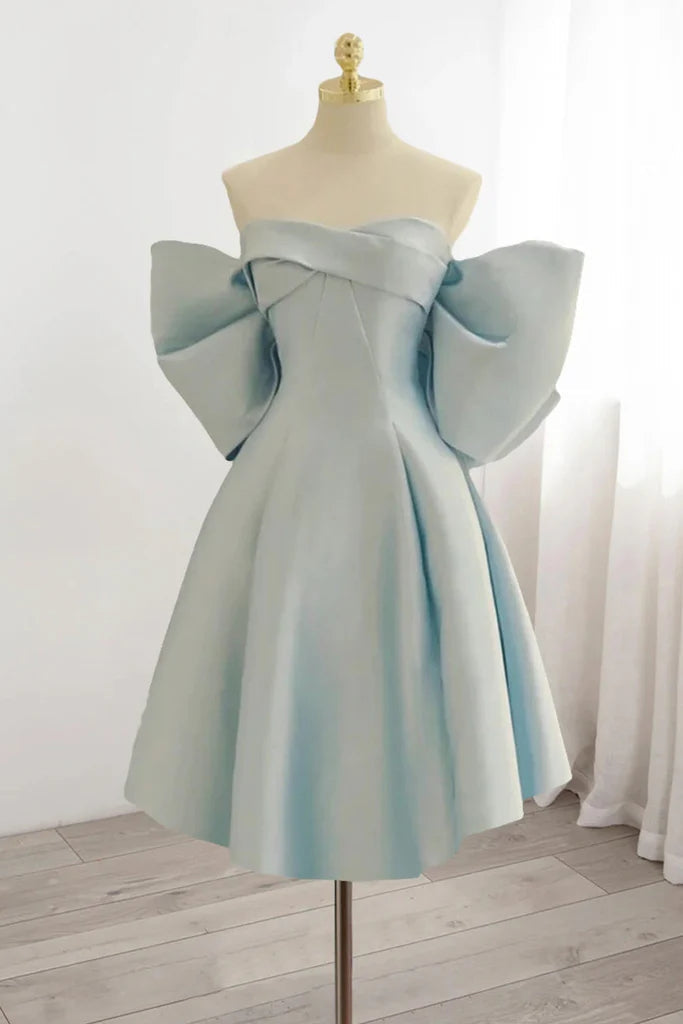 Light Blue Off The Shoulder Satin Homecoming Dress, A Line Short Formal Gown With Bowknot WLD0184