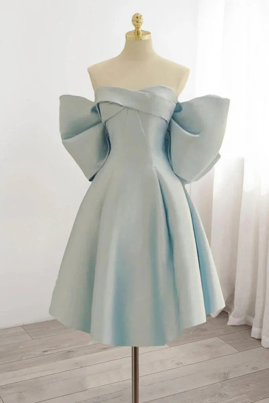 Light Blue Off The Shoulder Satin Homecoming Dress, A Line Short Formal Gown With Bowknot WLD0184