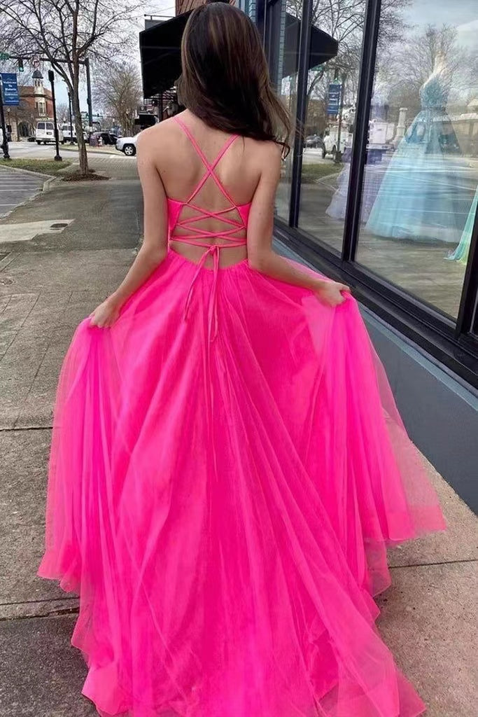 Hot Pink Tulle A Line V-neck Long Prom Dress, Gorgeous Formal Gown WLD0214
