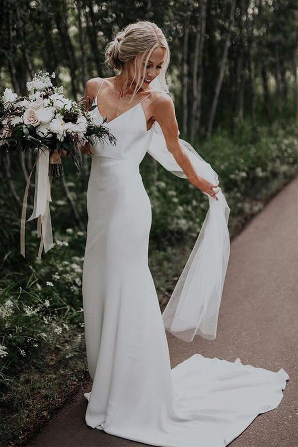 Spaghetti Straps Mermaid Backless V-Neck Beach Wedding Dresses, Long Bridal Gown WLD0143