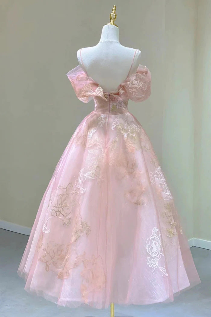 Pink Tulle Lace Short A-Line Prom Dress, Cute Off the Shoulder Party Dress WLD0319