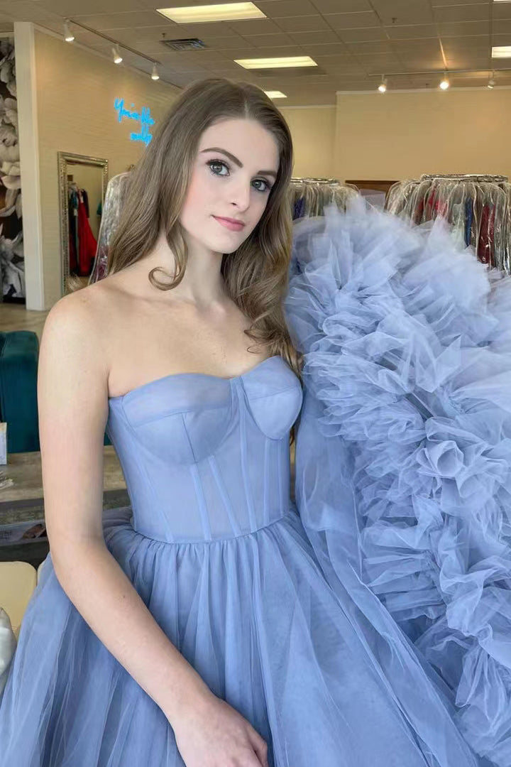 Princess Blue Tulle Strapless Lace up Prom Dresses With Layers, Sweetheart Formal Gown WLD0172