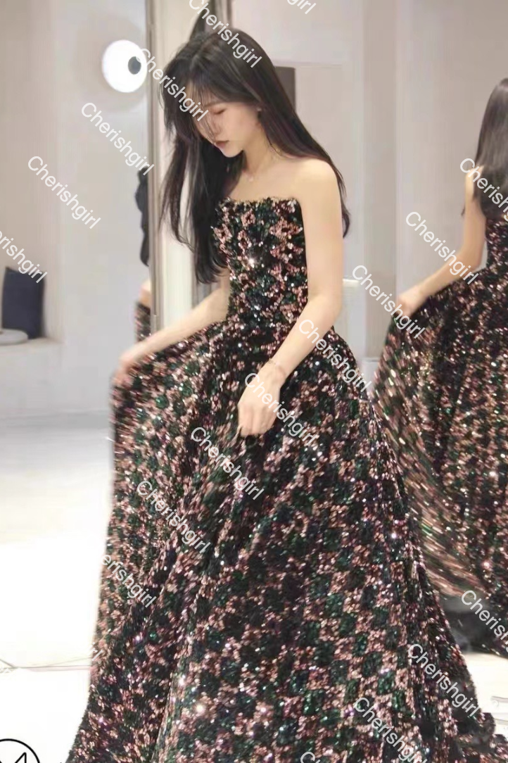 Gorgeous A-Line Shiny Sequins Strapless Prom Dress, Sparkly Formal Gown WLD0176