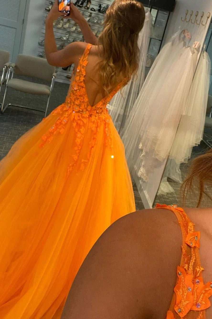 Charming Orange Lace A Line V Neck Open Back Long Prom Dresses,Orange Lace Formal Dresses WLD0104