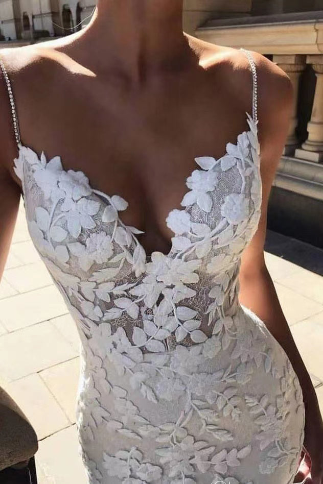 Elegant White Beach Lace Wedding Dresses, Mermaid V Neck Backless Bridal Gown WLD0150