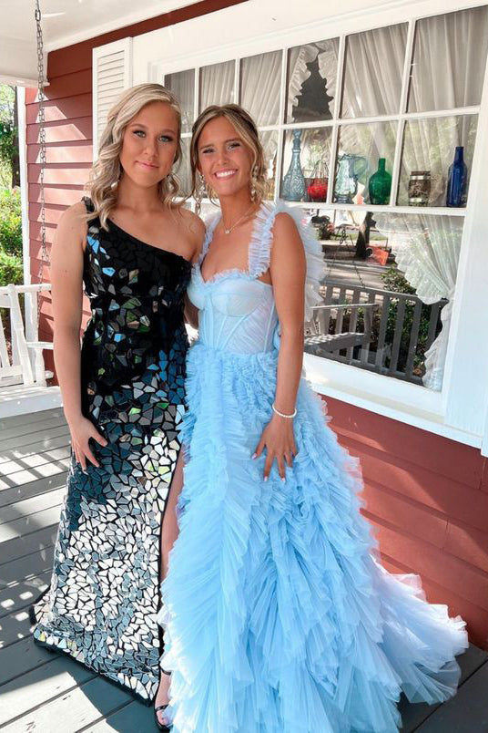 Light Sky Blue Tulle Princess Ruffle Straps With Tiered Long Prom Dress WLD0169