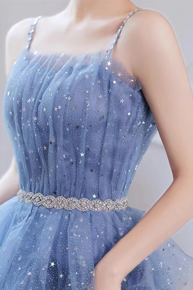 Shiny Blue Tulle A-Line Spaghetti Straps Homecoming Dresses,Short Party Gowns,Hoco Dress WLD0137