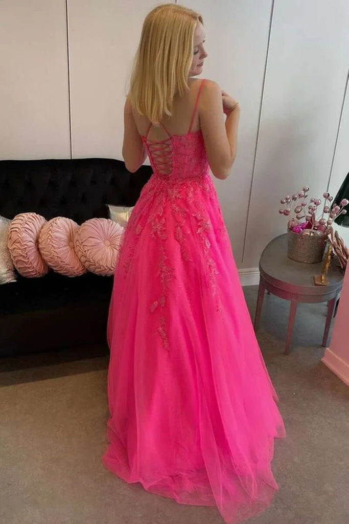 Hot Pink A Line Tulle Lace Appliques Long Prom Dress, Gorgeous Formal Gown WLD0167