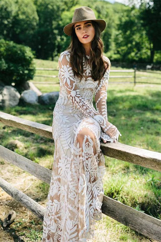 Aesthetic Ivory Long Sleeves Mermaid Wedding Dresses With Sweep Train,Long Bridal Dress With Lace CHW0125