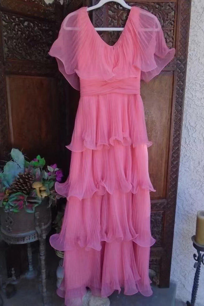 Simple Pink Tulle Off-the-Shoulder Long Prom Dresses With Layers WLD0239
