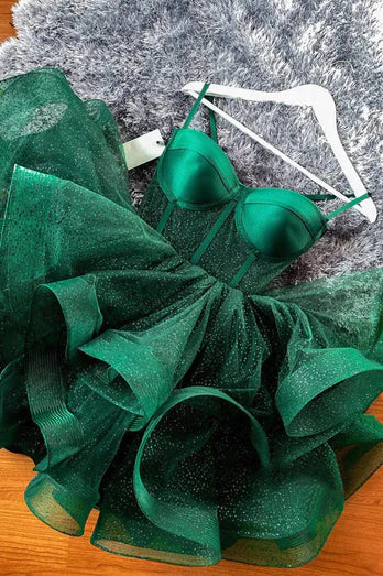 Shiny Green Spaghetti Straps Tulle Homecoming Dress with Layers, Mini Prom Gown WLD0135