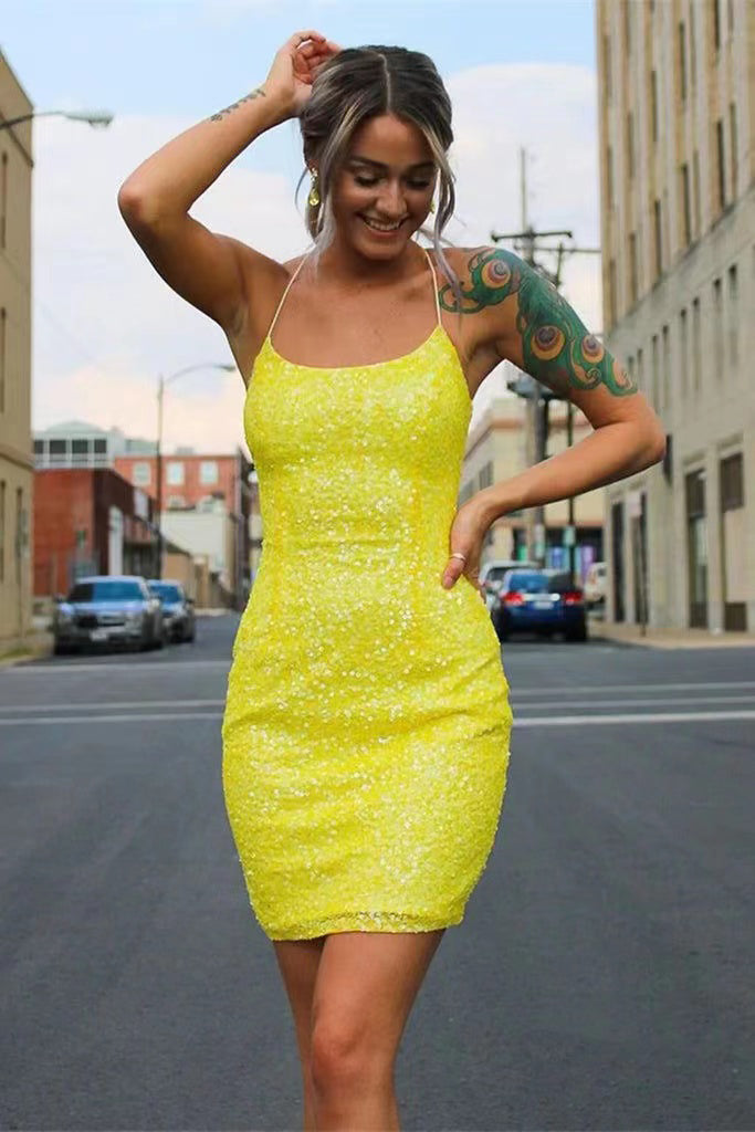 Shiny Yellow Spaghetti Straps Bodycon Short Prom Dress, HoCo Dress WLD0141