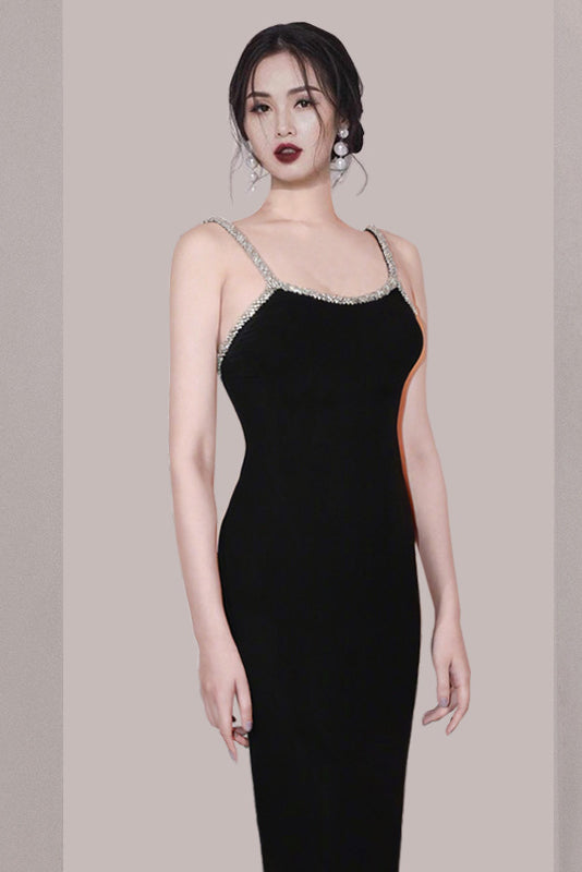Black Spaghetti Straps Homecoming Dress With Rhinestone, Short Prom Dress WLDD008