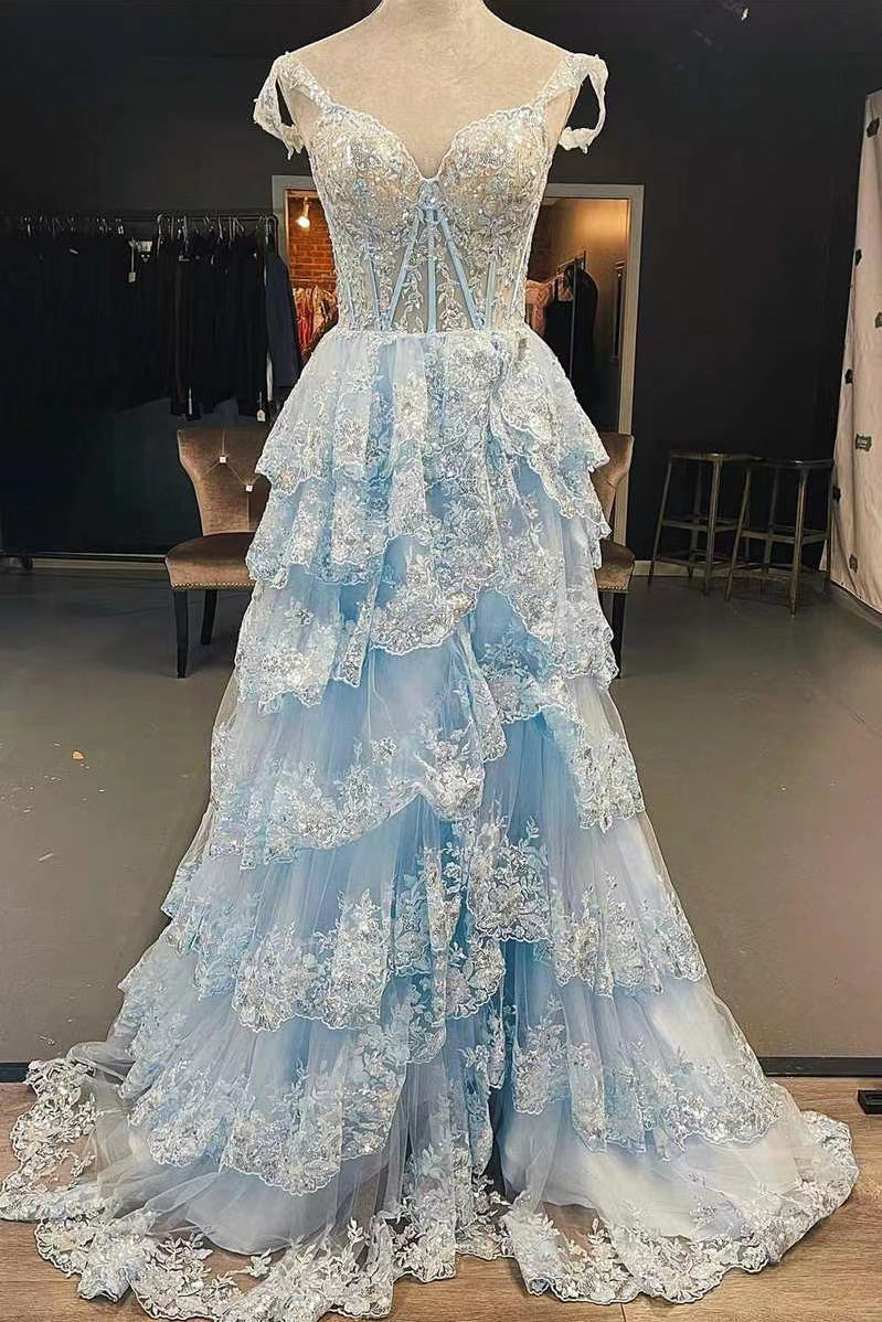 Light Sky Blue Sweetheart Long Prom Gown With Slit, Evening Dress WLD0222