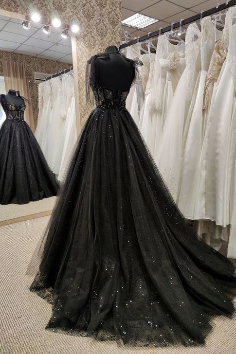 Black Tulle Long Prom Dress With Beaded Lace Appliques, Formal Evening Dress WLD0202