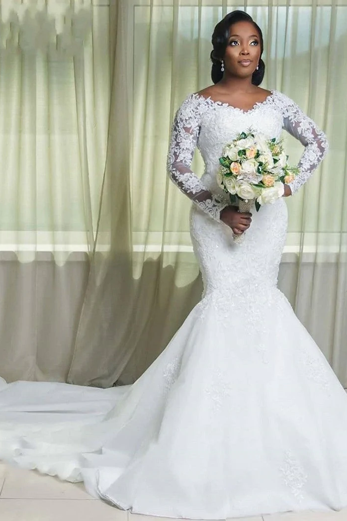 Aesthetic Mermaid V Neck White Lace Wedding Dress, Long Sleeves Bridal Gown WLD0130