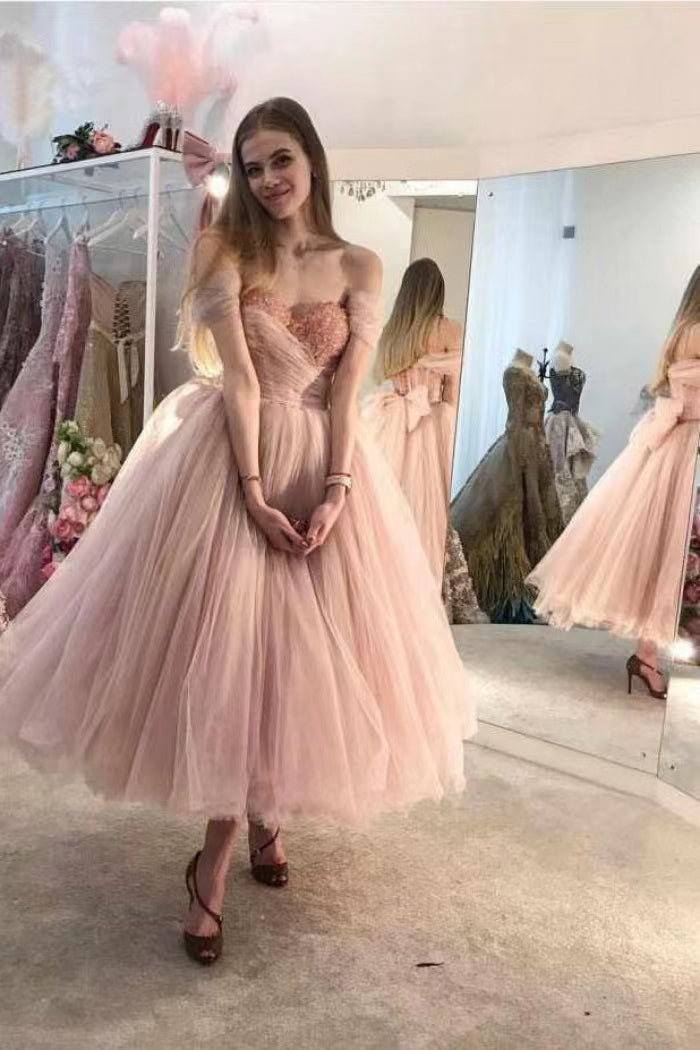 Princess Pink Tulle Off the Shoulder Lace up Prom Dresses with Bowknot,Sweetheart Formal Gown WLD0165