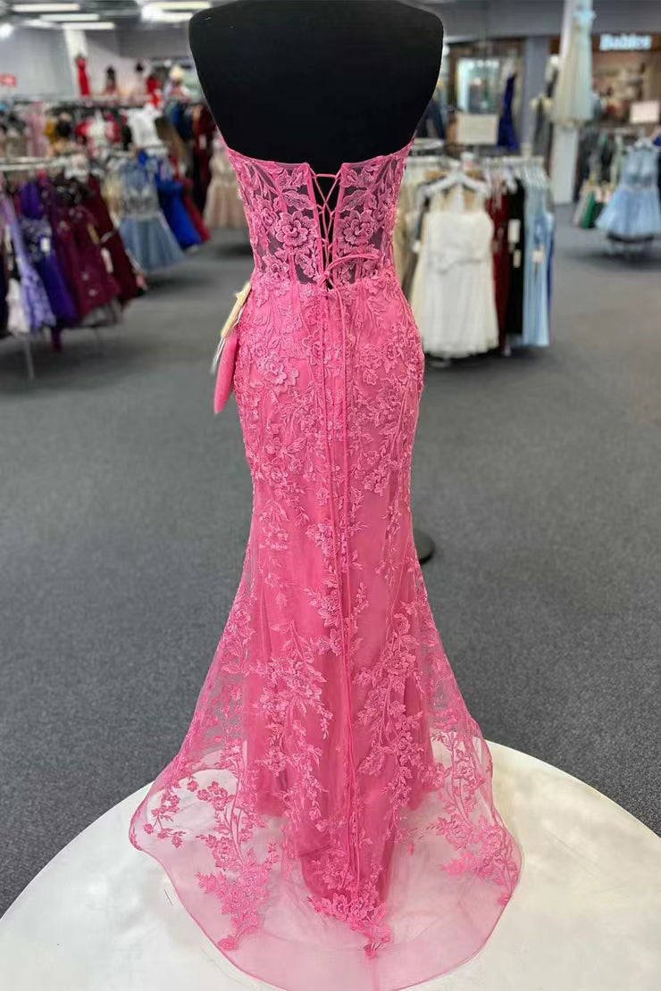 Hot Pink Mermaid Lace Prom Dresses With Appliques, Formal Evening Dresses WLD0218