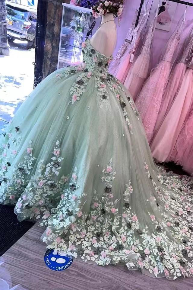 Sweetheart Green Ball Gown Tulle Long Prom Dress With Applique, Quinceañera Dress  WLD0224