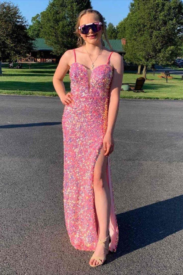 Sequins Spaghetti Straps Mermaid Long Prom Dresses, Backless Evening Gown WLD0170
