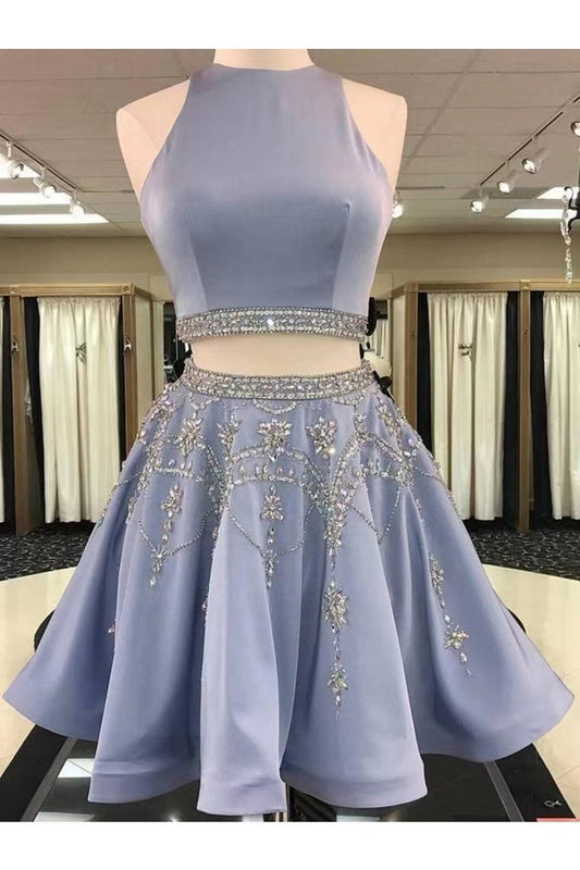 A Line 2 Pieces Beaded Satin Short Homecoming Dresses, Scoop Party Gown chh0082