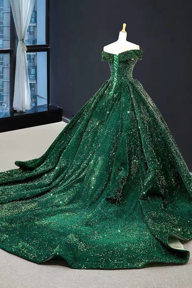 Shiny Green Sequins Ball Gown Prom Dresses, Gorgeous Off the Shoulder Quinceanera Dresses WLD0178