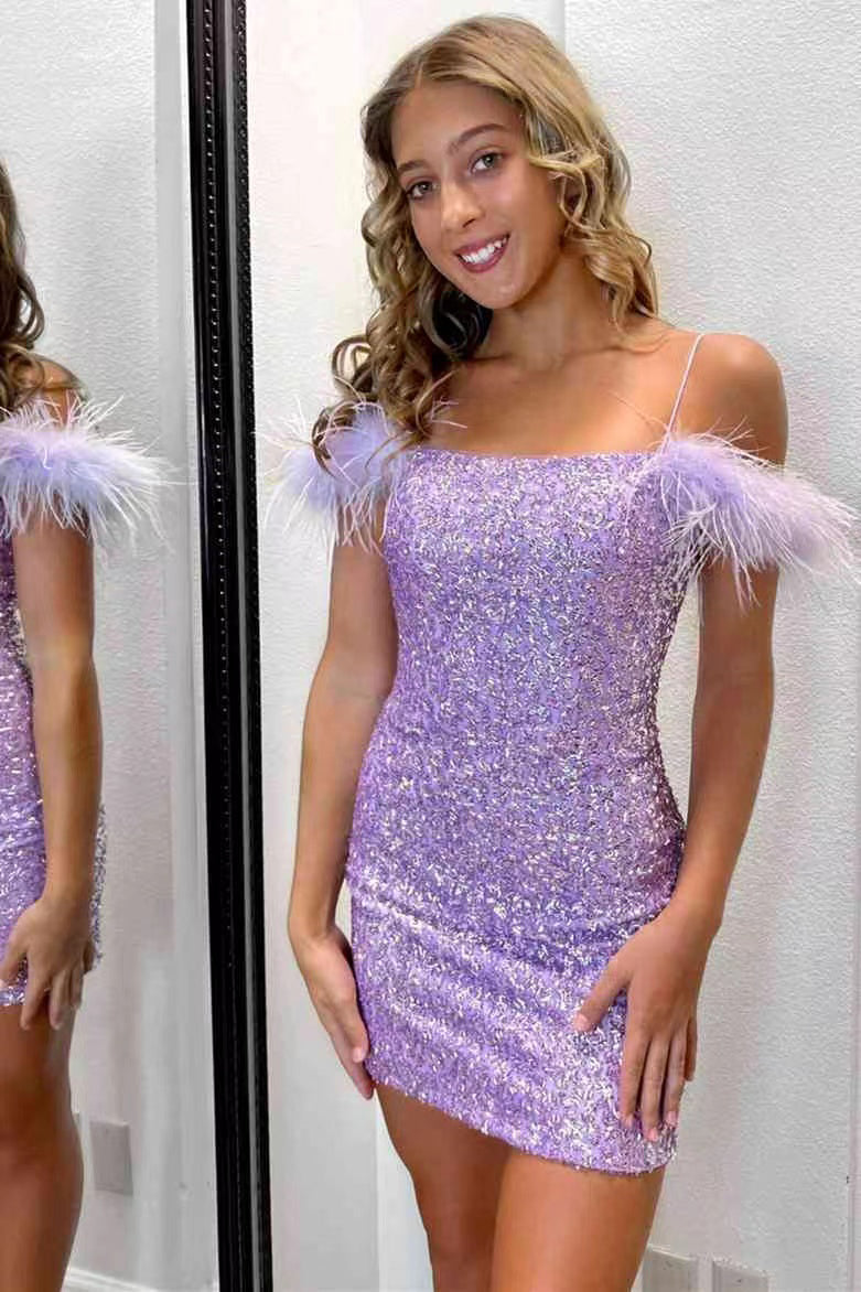 Gorgeous Sequins Bodycon Mini Homecoming Dress With Feather, Spaghetti Straps Short Party Dress WLD0121
