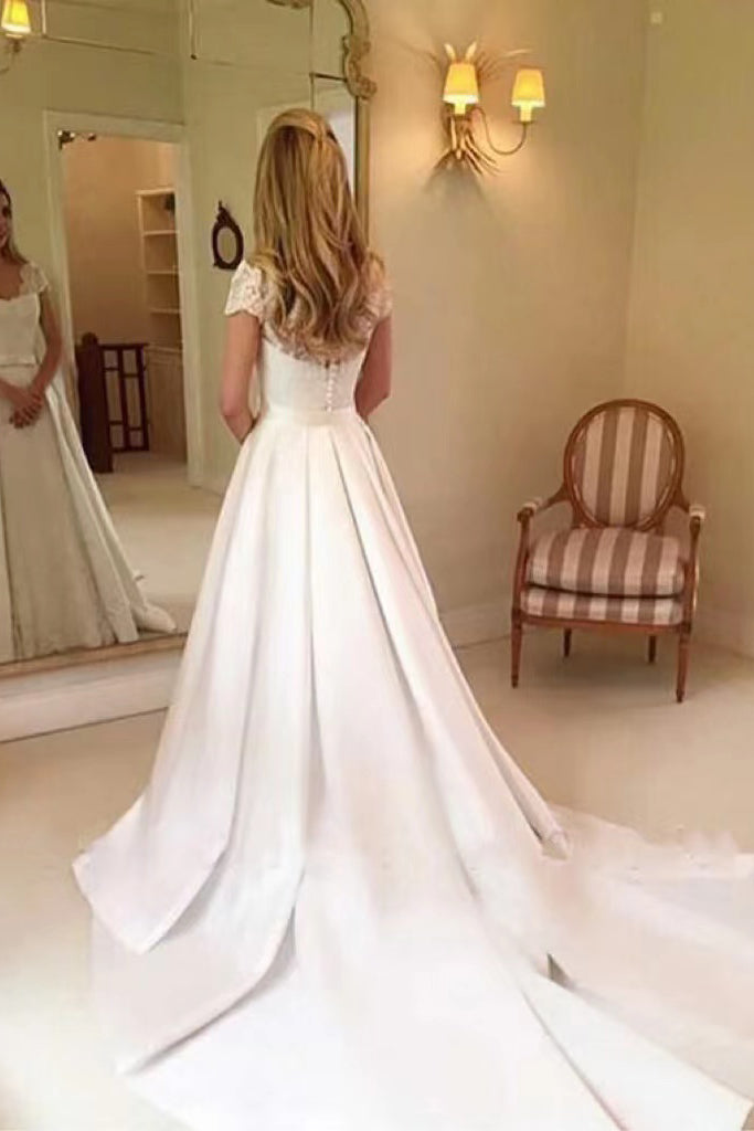 Simple A-Line Short Sleeves Beach Wedding Dresses With Brush Train, Bridal Gown WLD0152